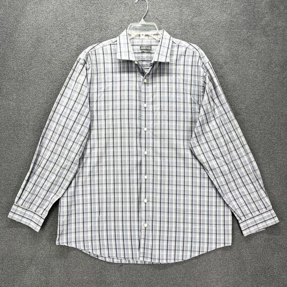 Kenneth Cole Reaction Shirt 17.5 34 35 Gray Plaid Button Up Slim Fit Long Sleeve - Picture 1 of 16